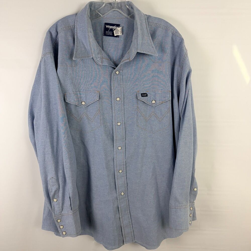 Vintage Wrangler Shirt Men 3XL Blue Denim Western Pearl Snap Button X-Long Tails